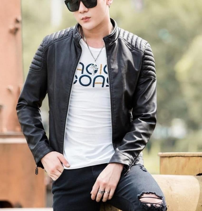 image-Mens Slim Fit Red Biker Faux Leather Jacket