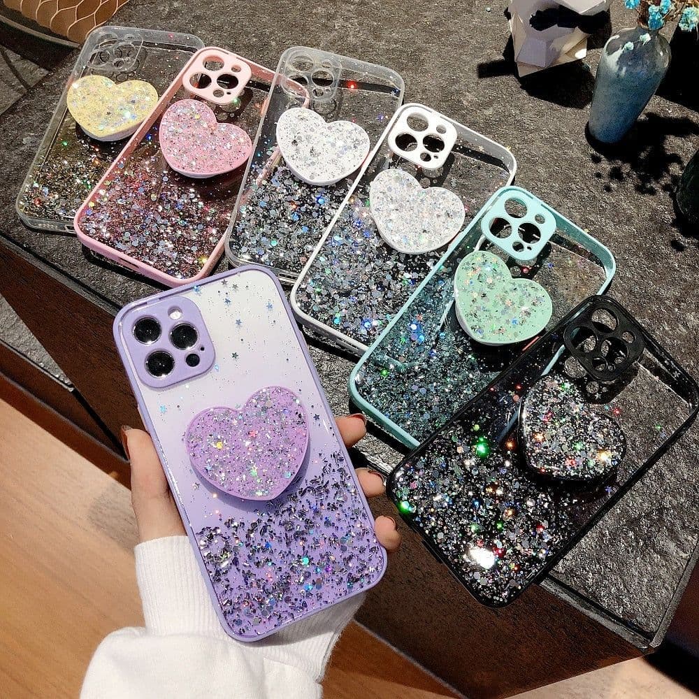 image-Buy 1 Get 1 Free Sequins Glitter Case with Love Stand for iPhone