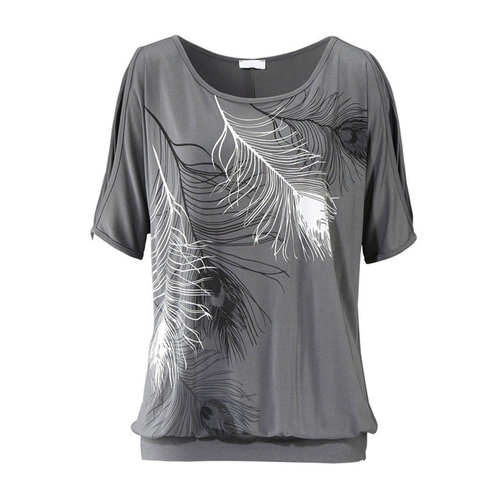 image-Womens Cut Shoulder Casual T Shirt with Feather Print