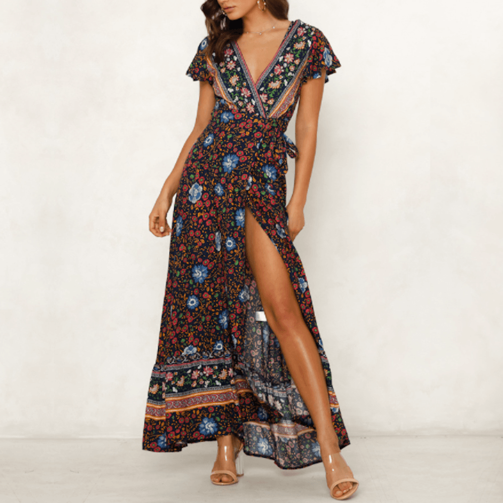 image-Womens Wrap Style V Neck Floral Maxi Dress