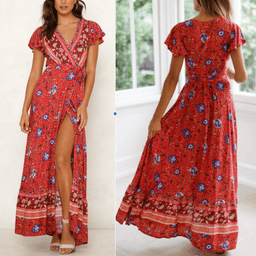 image-Womens Wrap Style V Neck Floral Maxi Dress