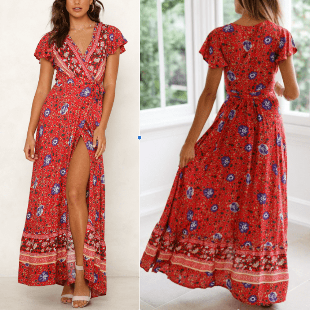 image-Womens Wrap Style V Neck Floral Maxi Dress