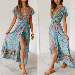 image-Womens Wrap Style V Neck Floral Maxi Dress
