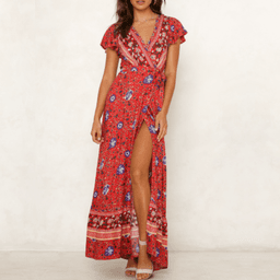 image-Womens Wrap Style V Neck Floral Maxi Dress