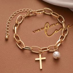 image-Womens Oval Link Bracelet With Cross Charm and Faux Pearl
