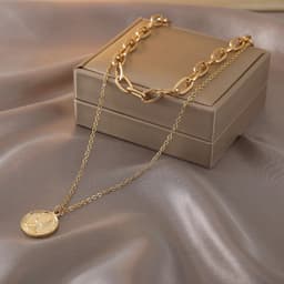image-Womens Layered Look Choker Necklace with Coin Pendant