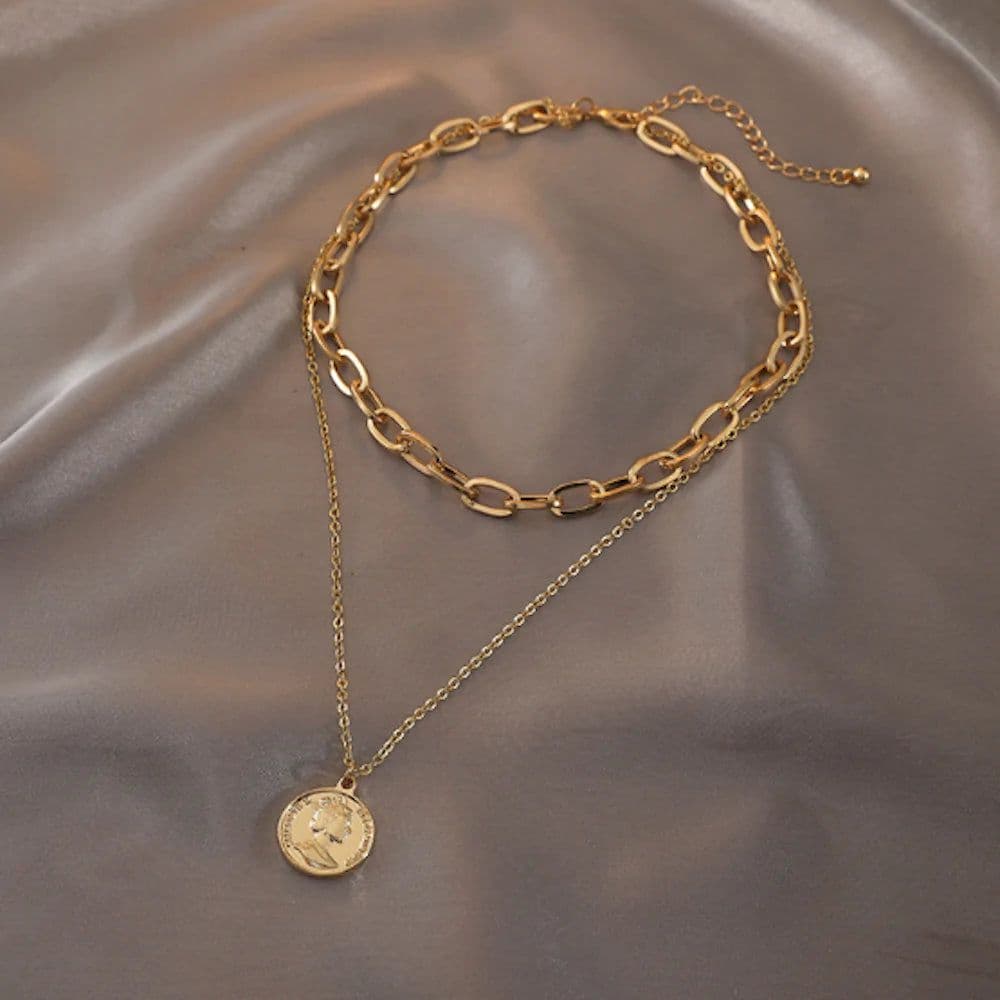 image-Womens Layered Look Choker Necklace with Coin Pendant