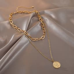 image-Womens Layered Look Choker Necklace with Coin Pendant