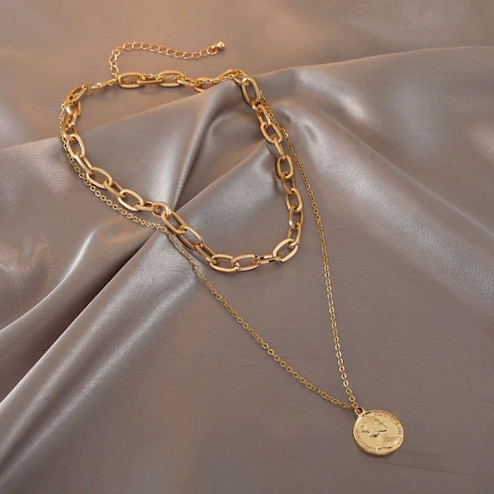 image-Womens Layered Look Choker Necklace with Coin Pendant