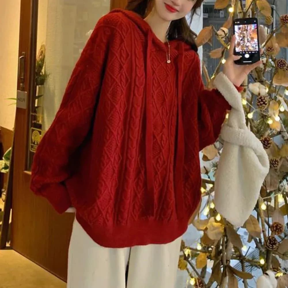 image-Womens Cable Knit Sweater With Hood