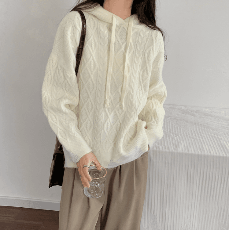 image-Womens Cable Knit Sweater With Hood