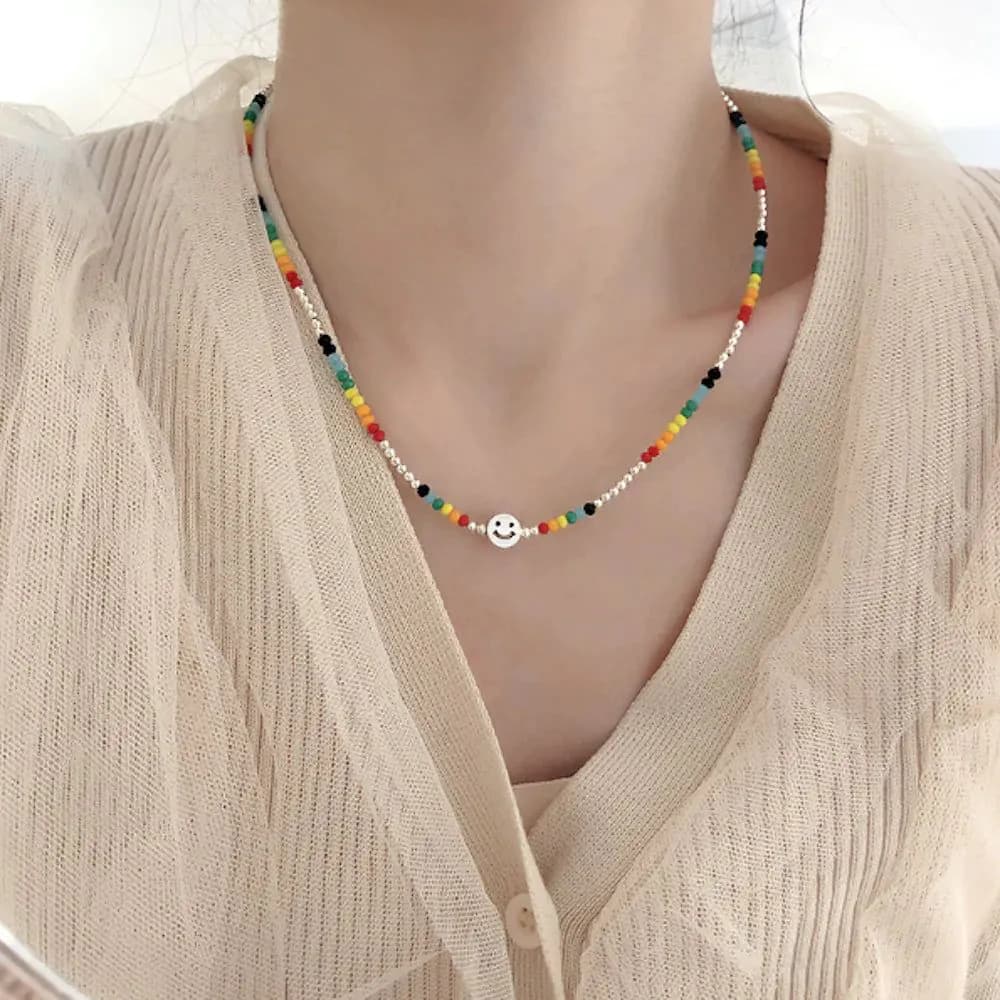 image-Womens Colorful Beaded Necklace With Happy Face
