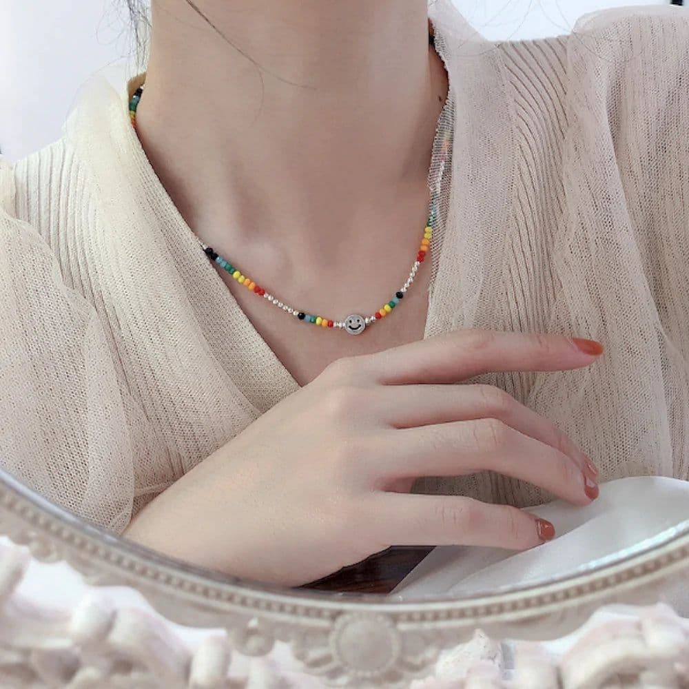 image-Womens Colorful Beaded Necklace With Happy Face