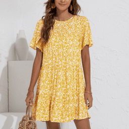 image-Womens A Line Floral Dress with Ruffle Sleeves