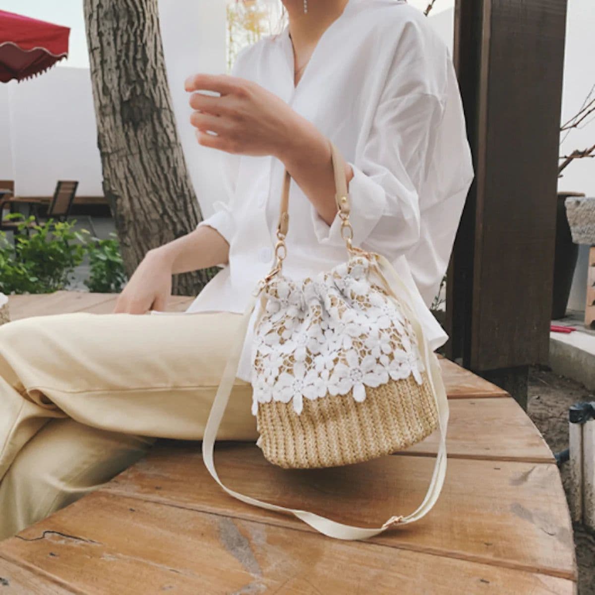 image-Summer Crossbody Straw Bucket with Lace
