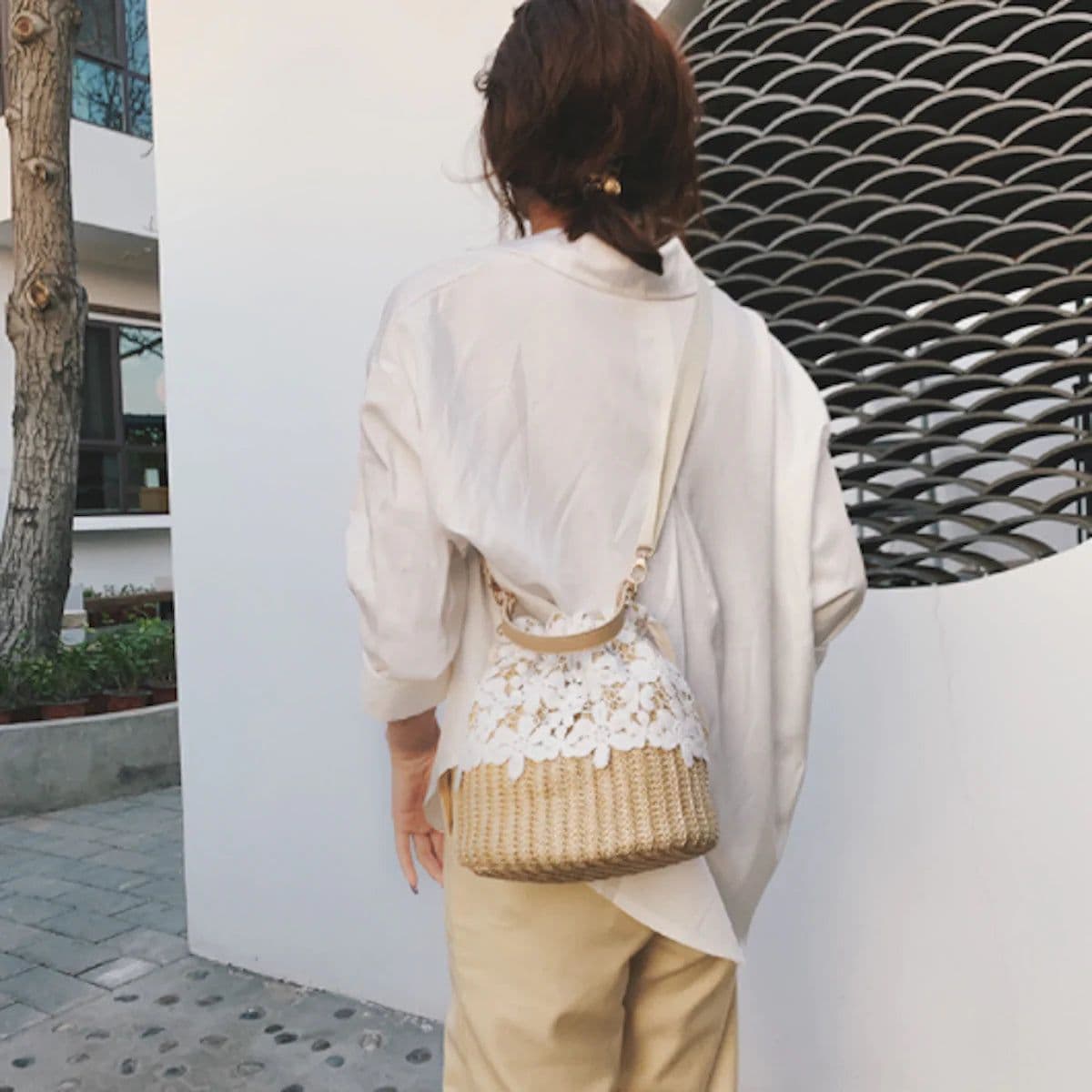 image-Summer Crossbody Straw Bucket with Lace