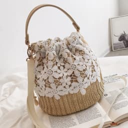 image-Summer Crossbody Straw Bucket with Lace