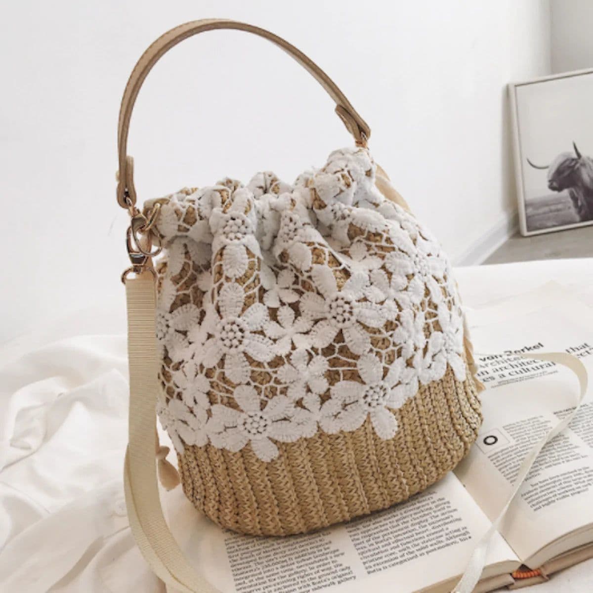 image-Summer Crossbody Straw Bucket with Lace