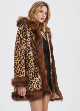 image-Womens Leopard Print Hooded Faux Fur Collar Jacket