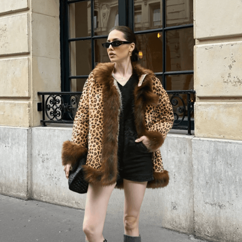 image-Womens Leopard Print Hooded Faux Fur Collar Jacket