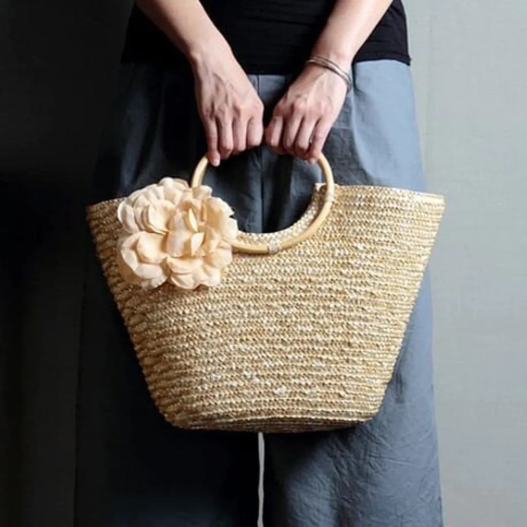 image-Woven Straw Totebag with Flowers