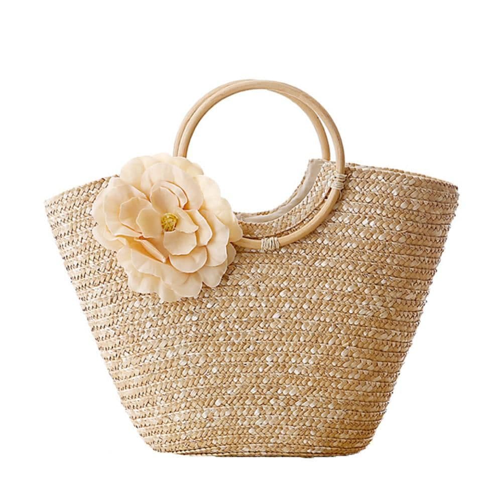 image-Woven Straw Totebag with Flowers