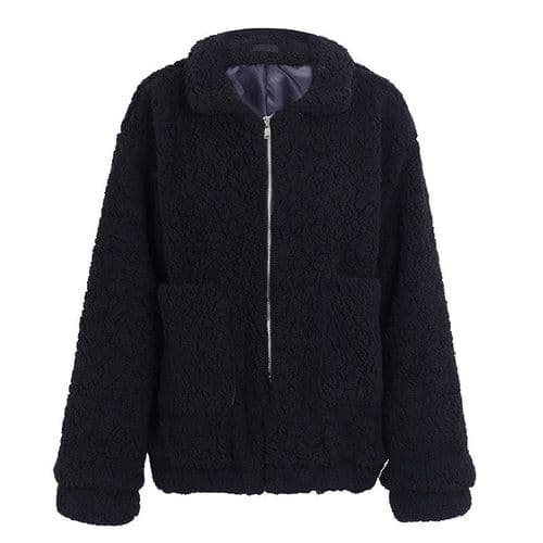 image-Faux lambswool oversized jacket coat Winter black warm hairly jacket