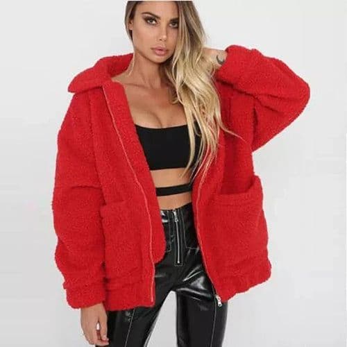 image-Faux lambswool oversized jacket coat Winter black warm hairly jacket