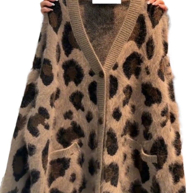 image-Leopard Print Thick Warm Coat Loose Lazy Knitted Cardigan Sweater