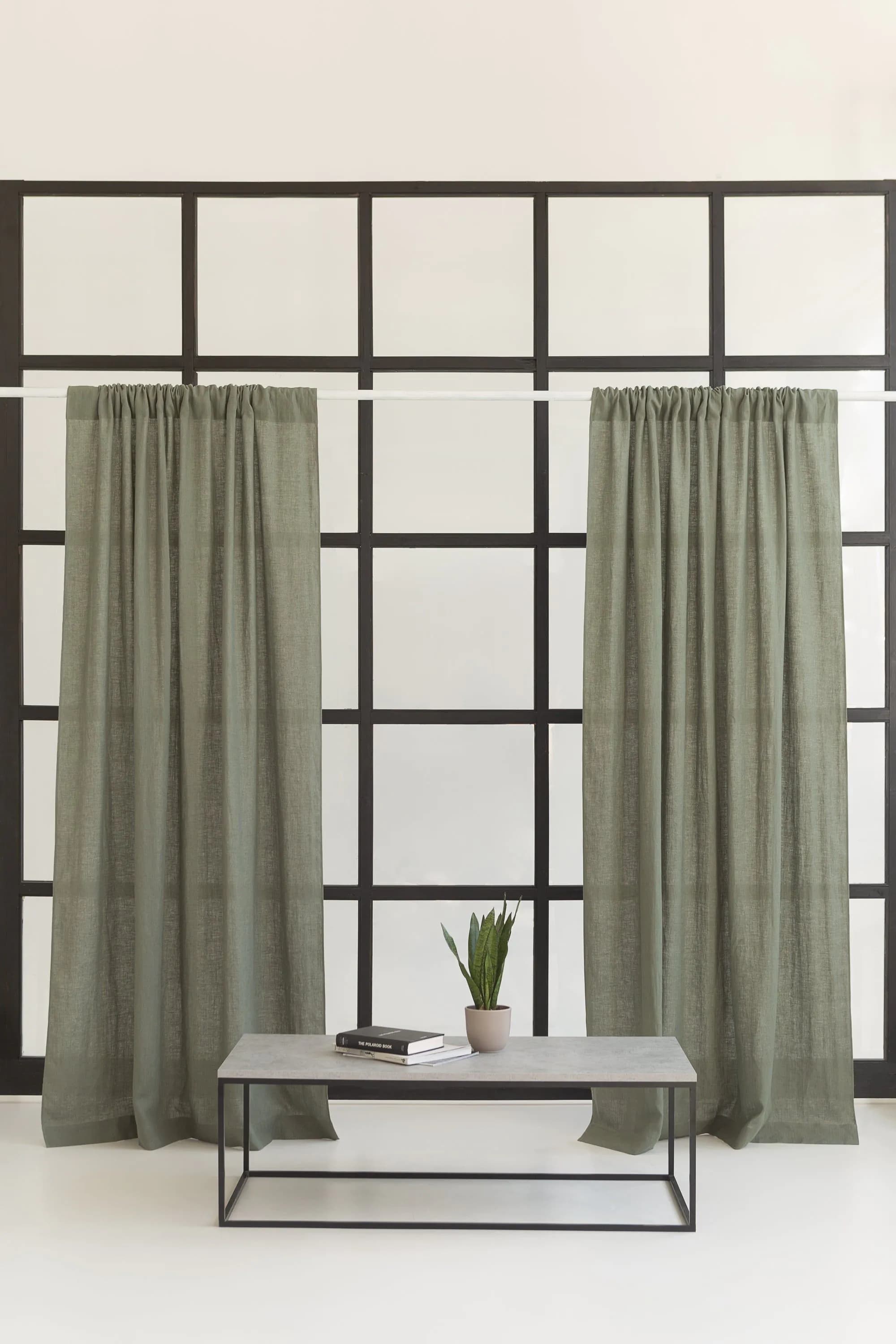 image-Safari Green linen curtain with rod pocket