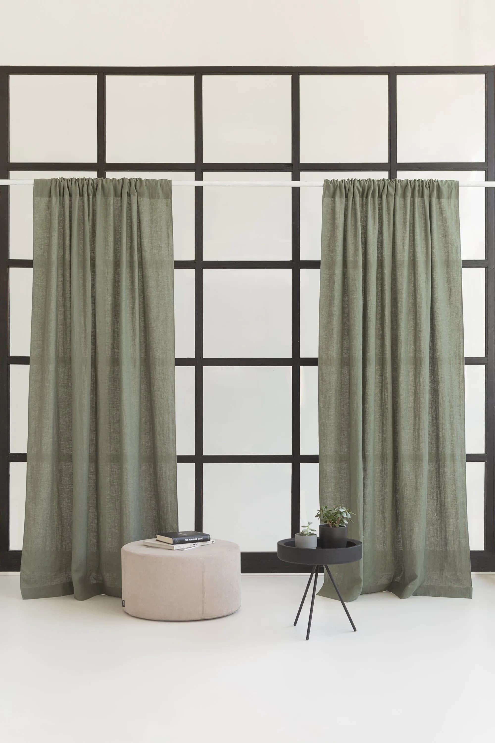 image-Safari Green linen curtain with rod pocket