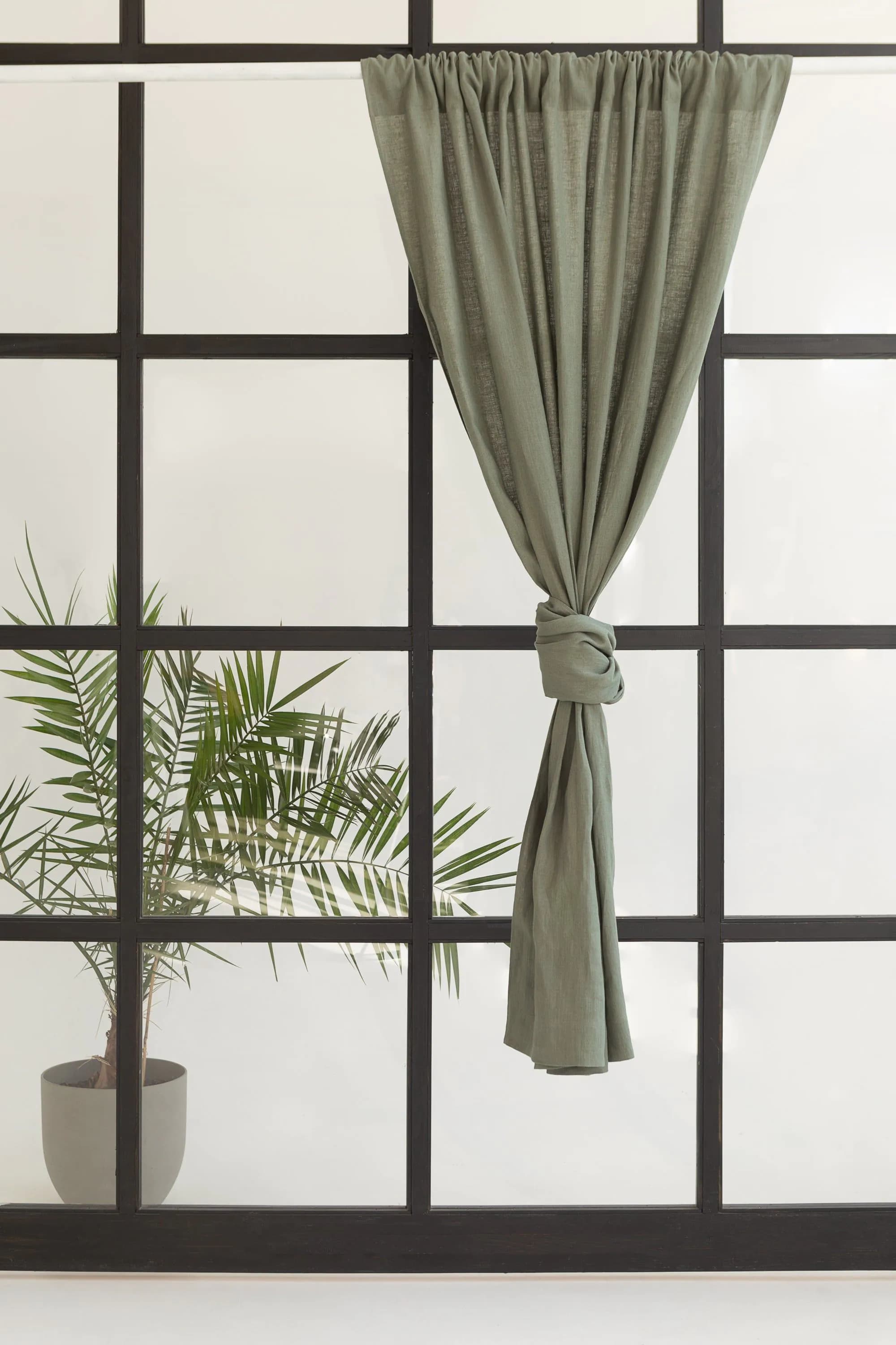 image-Safari Green linen curtain with rod pocket