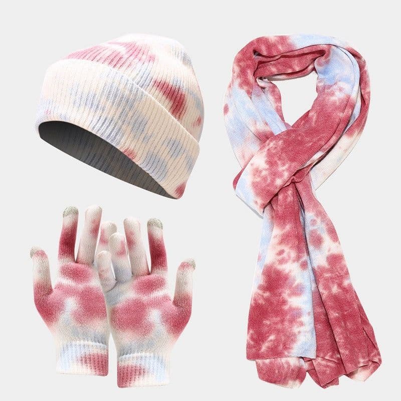 image-Tie-dye Knitted Hat Gloves Scarf Set Ladies