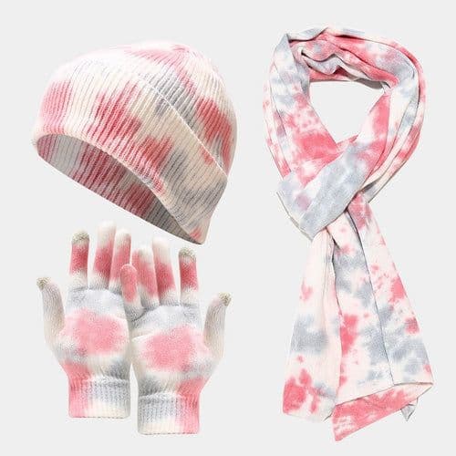 image-Tie-dye Knitted Hat Gloves Scarf Set Ladies
