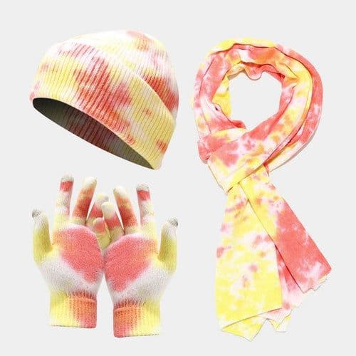 image-Tie-dye Knitted Hat Gloves Scarf Set Ladies