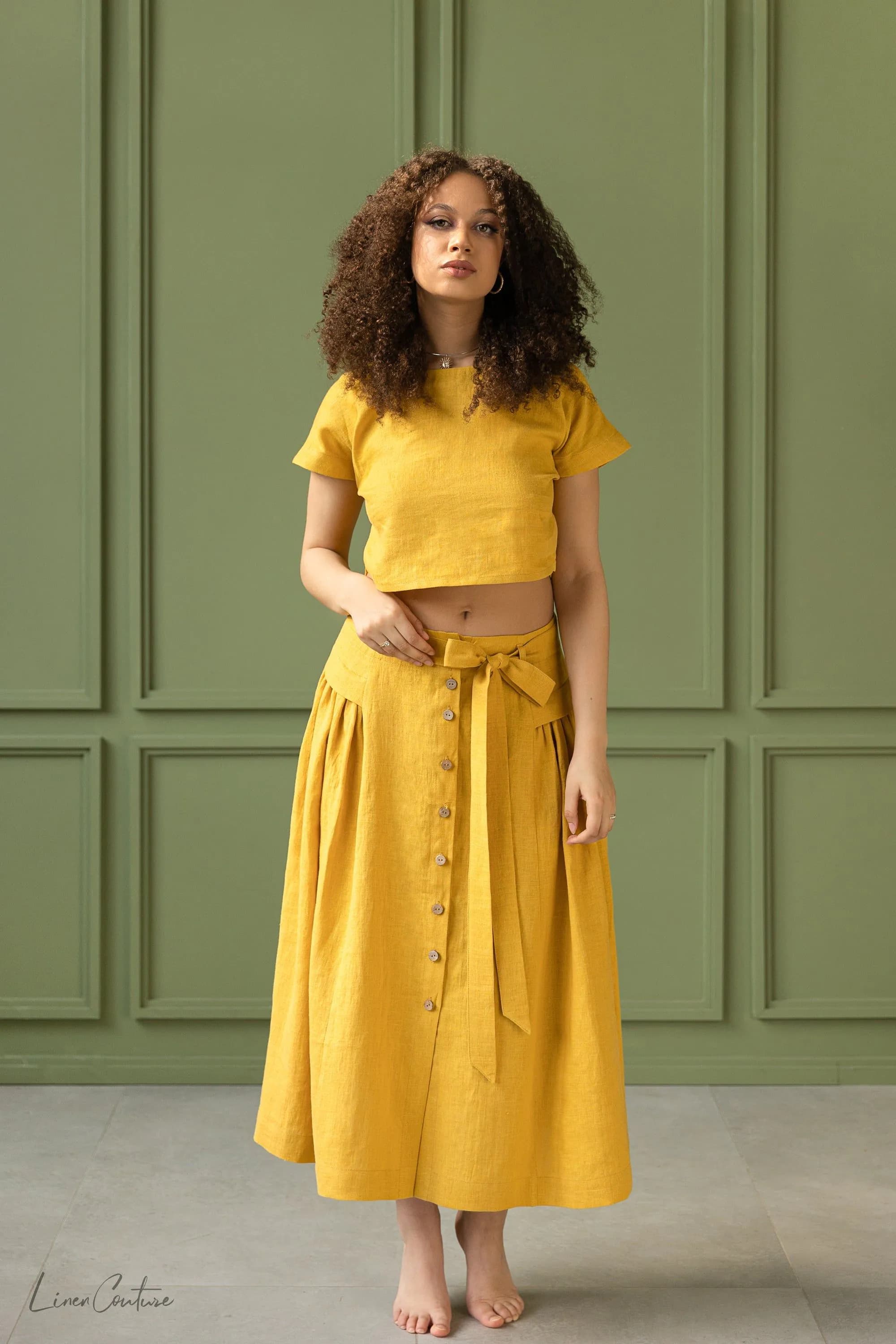 image-Taormina Honey Linen Crop Top and Midi Skirt Set