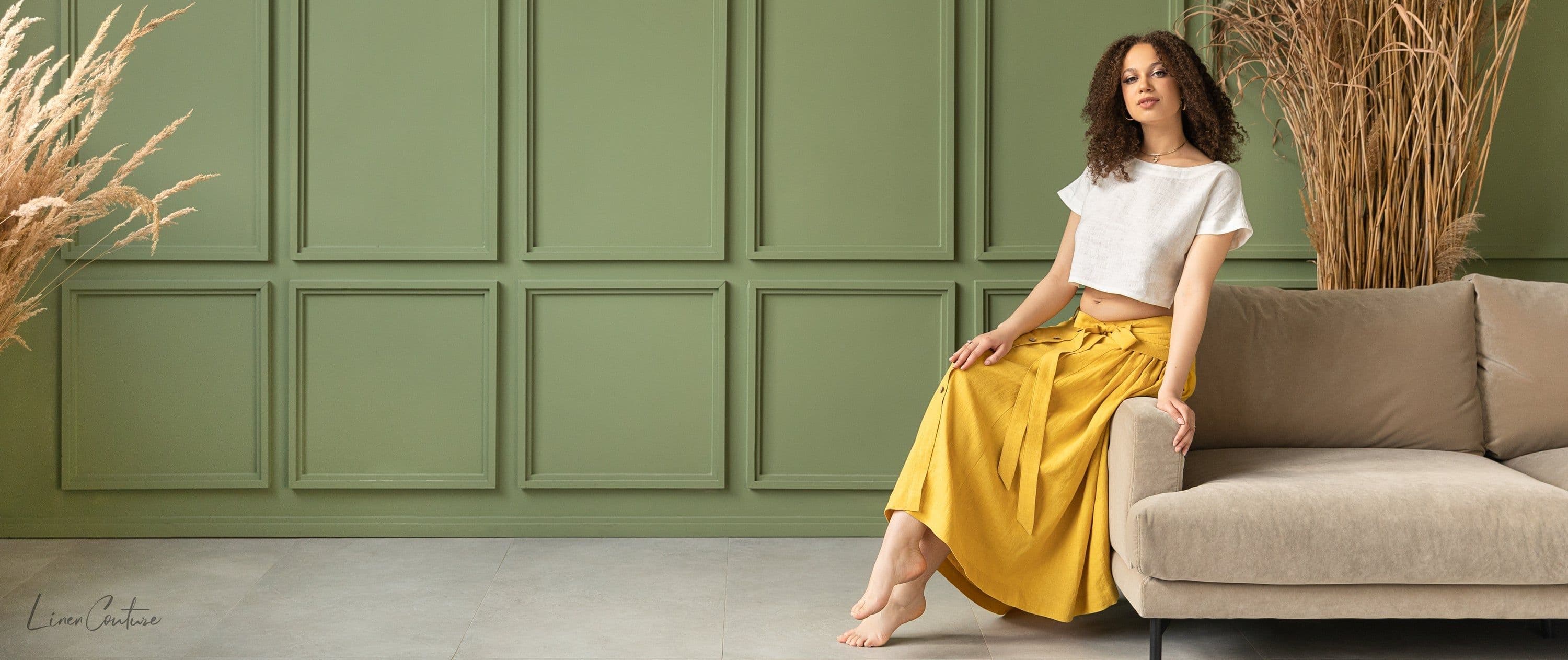 image-Taormina Honey Linen Crop Top and Midi Skirt Set