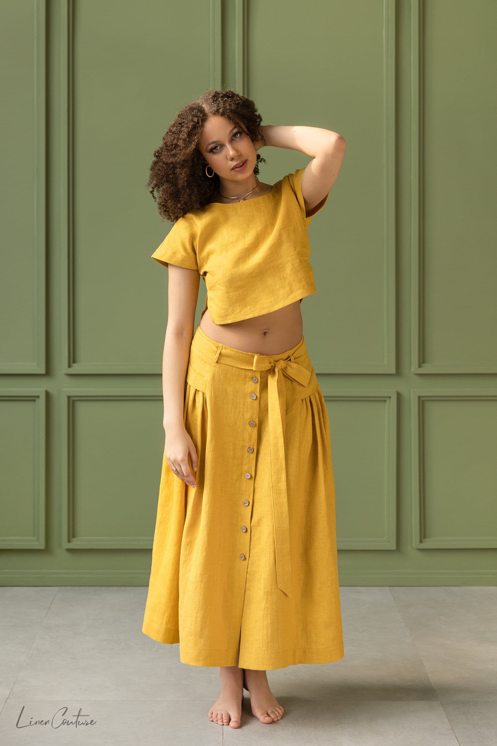 image-Taormina Honey Linen Crop Top and Midi Skirt Set