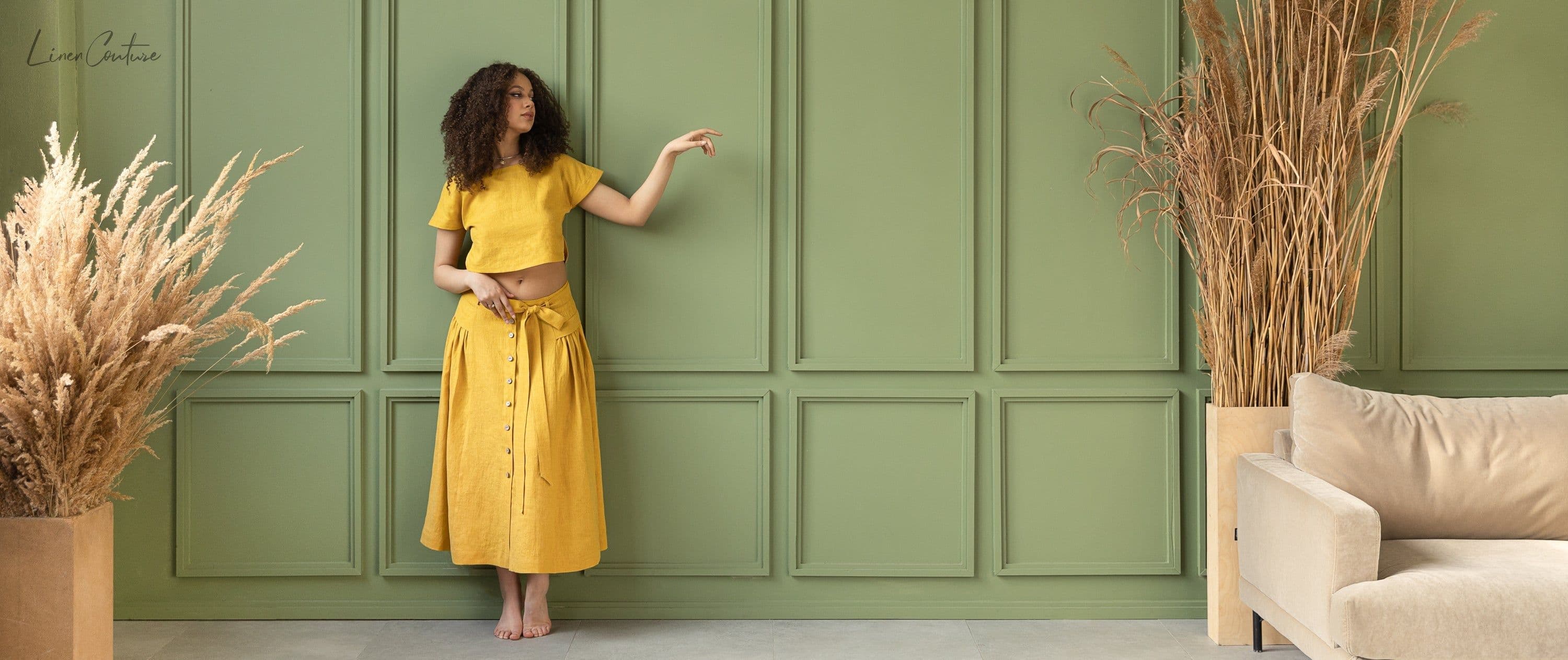 image-Taormina Honey Linen Crop Top and Midi Skirt Set