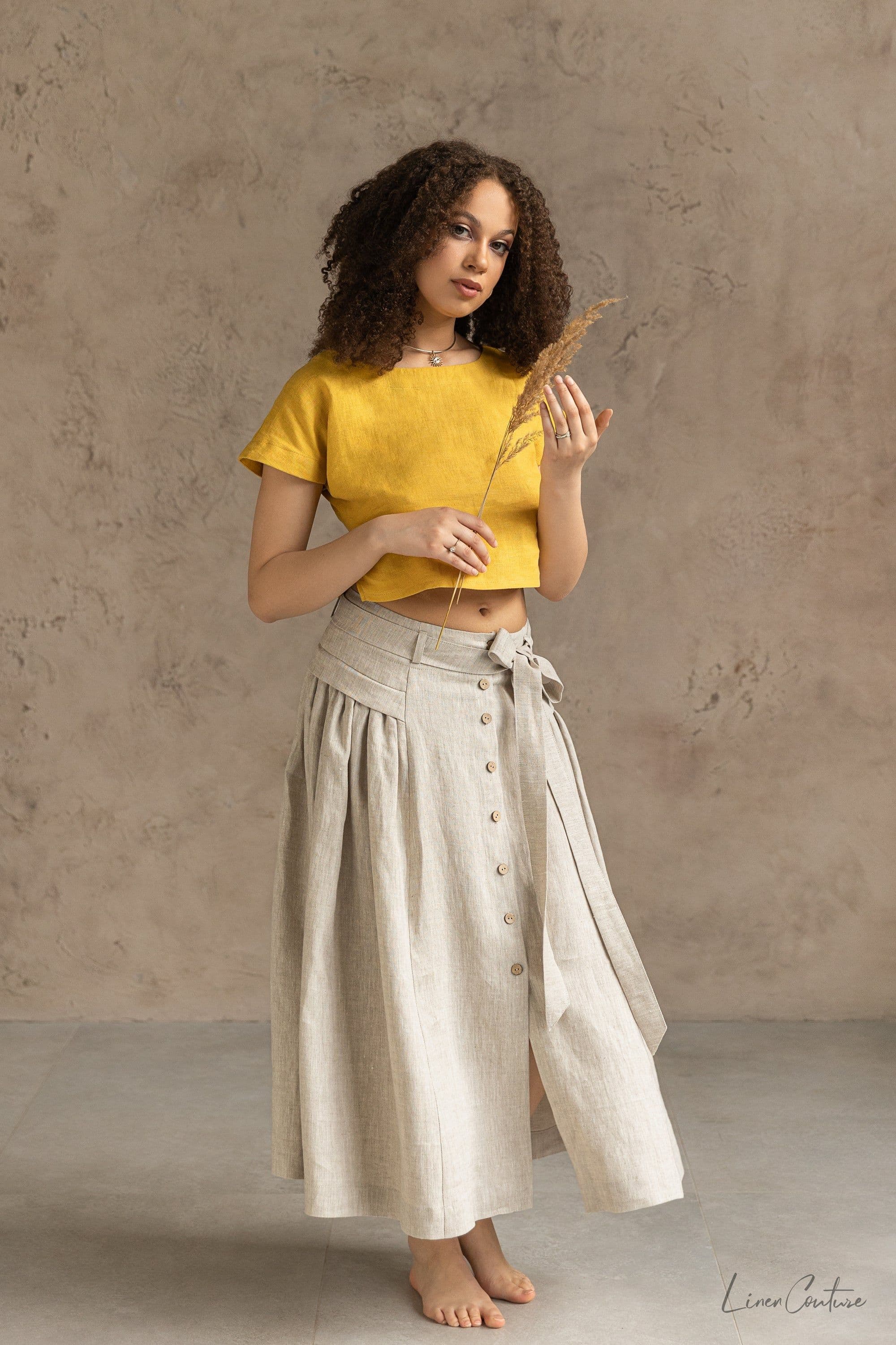 image-Taormina Honey Linen Crop Top and Midi Skirt Set