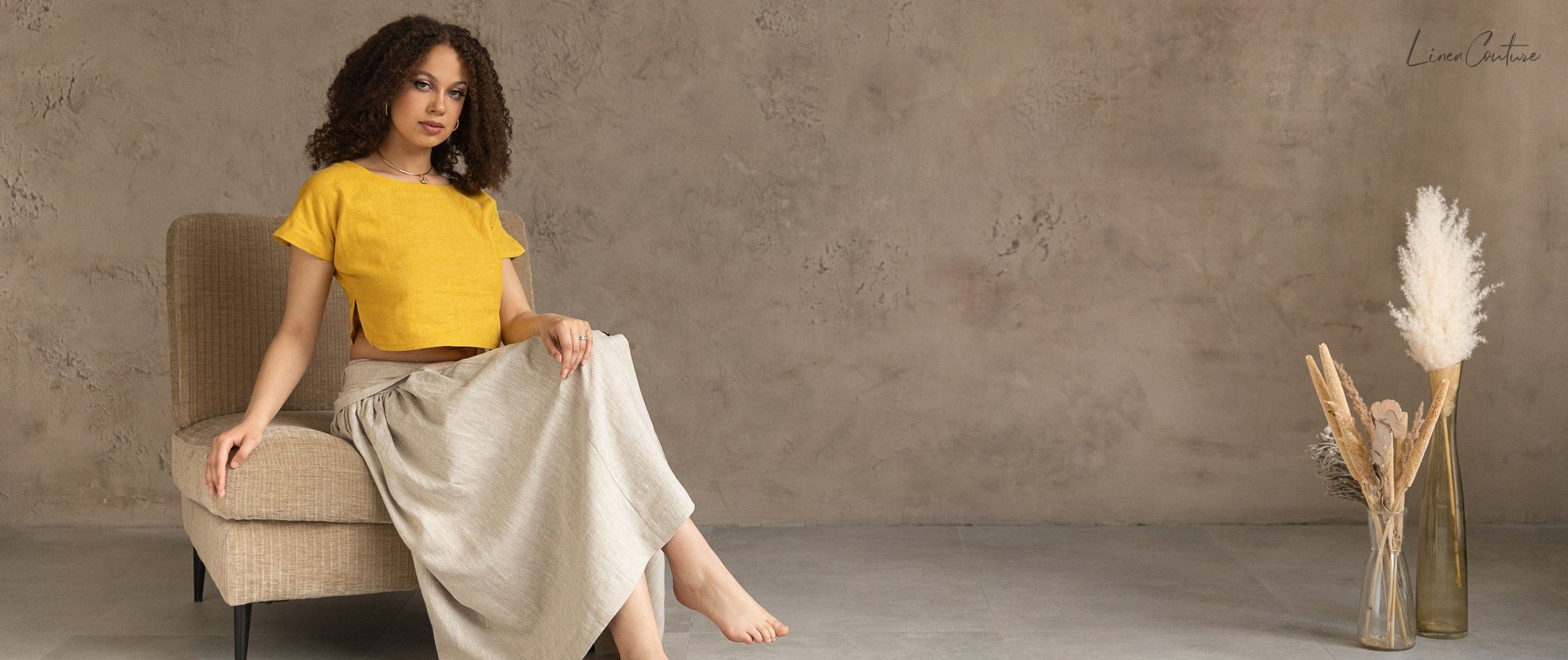 image-Taormina Honey Linen Crop Top and Midi Skirt Set