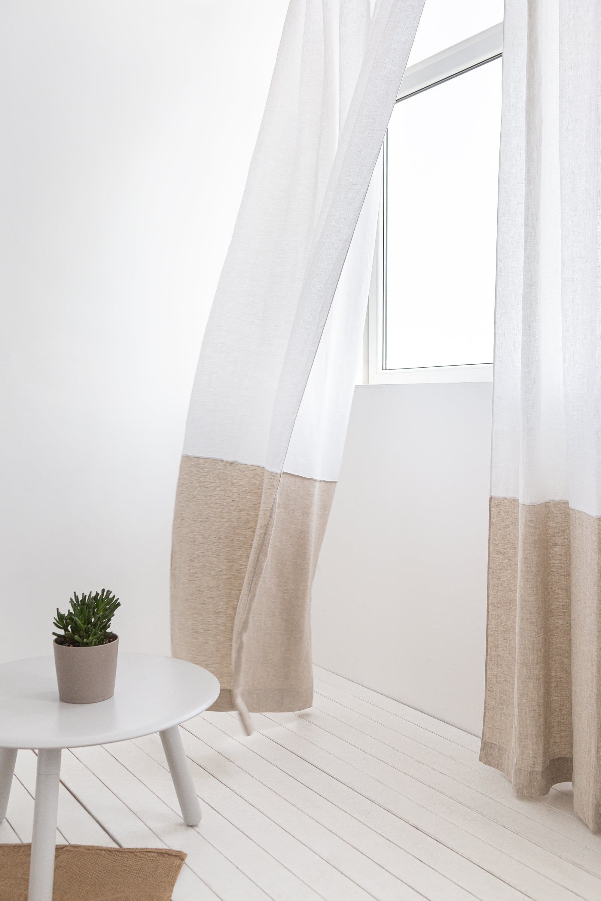 image-Snow White and Natural Light linen curtains with tape, two tones