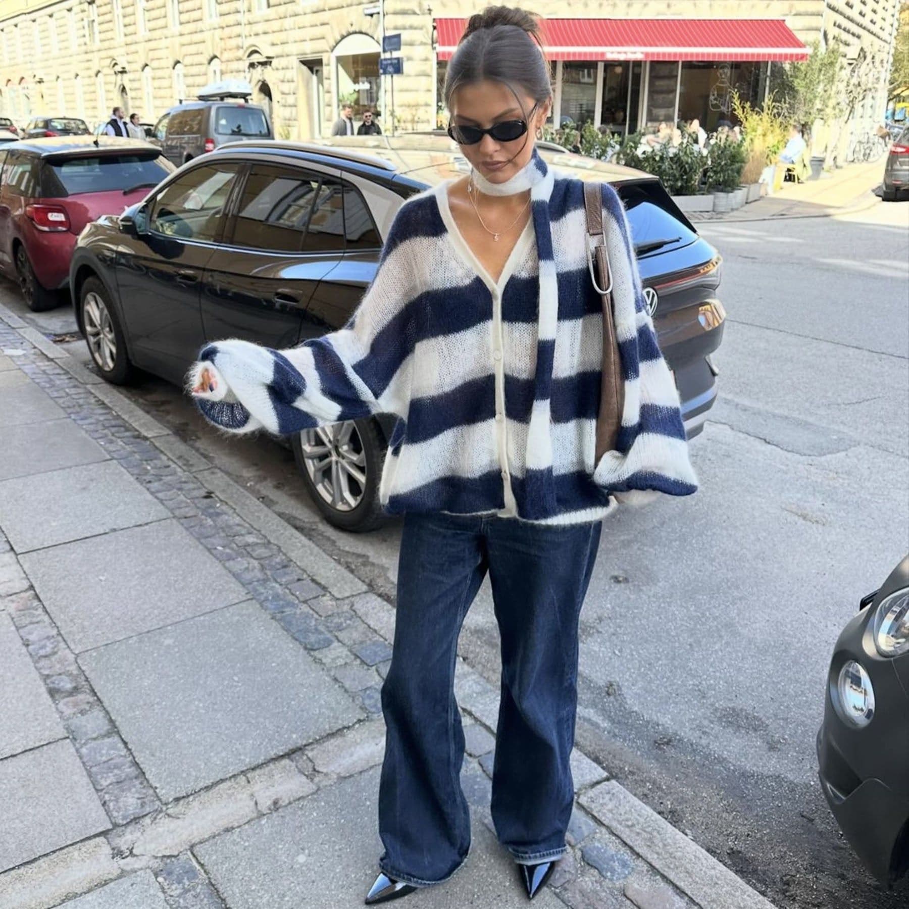 image-Loose And Idle Striped Sweater Cardigan With Scarf
