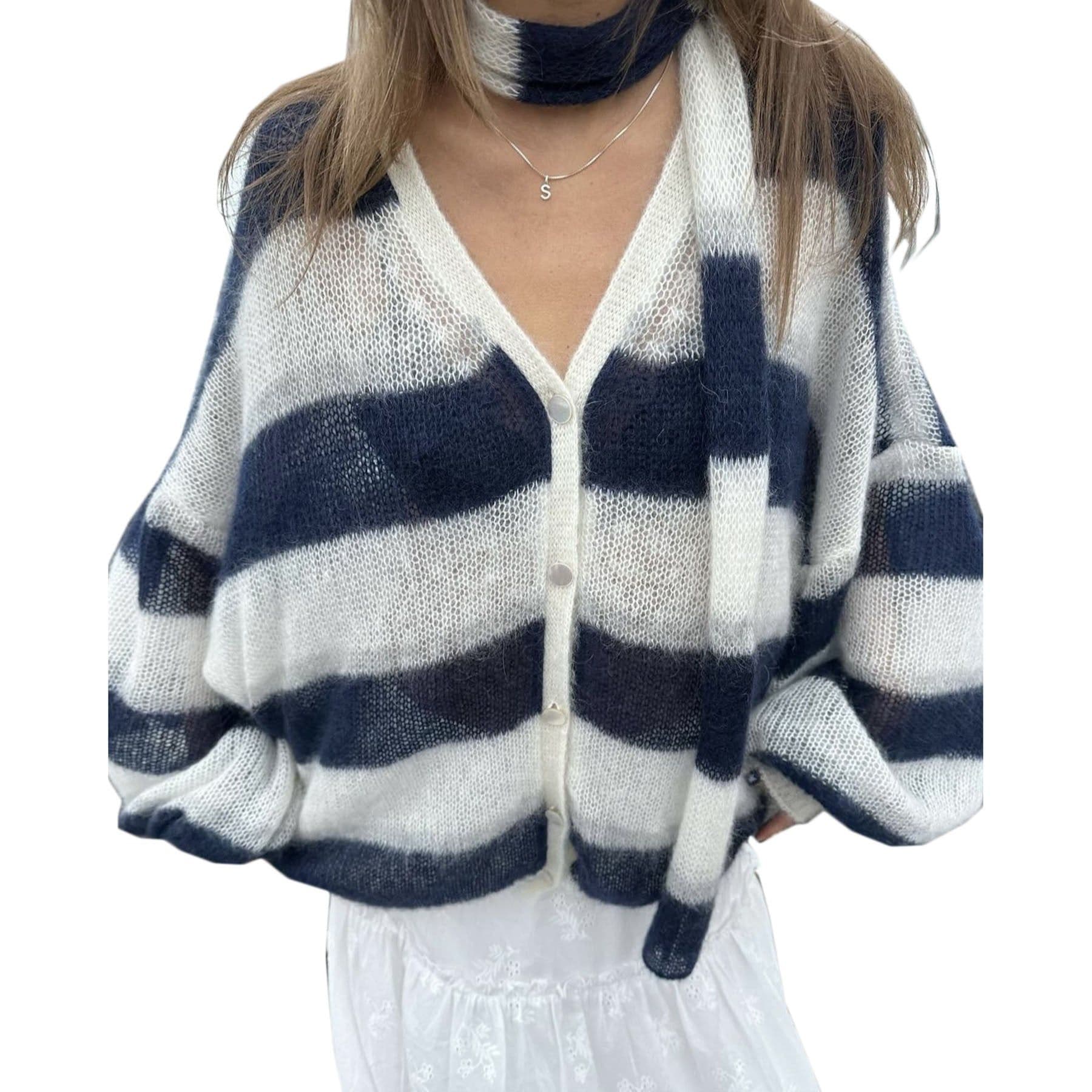 image-Loose And Idle Striped Sweater Cardigan With Scarf