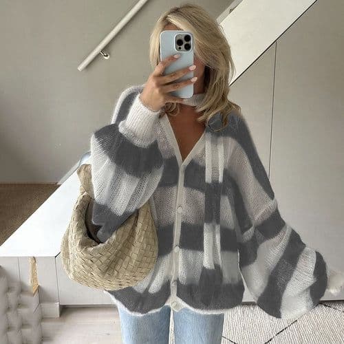 image-Loose And Idle Striped Sweater Cardigan With Scarf