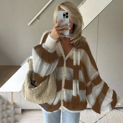 image-Loose And Idle Striped Sweater Cardigan With Scarf