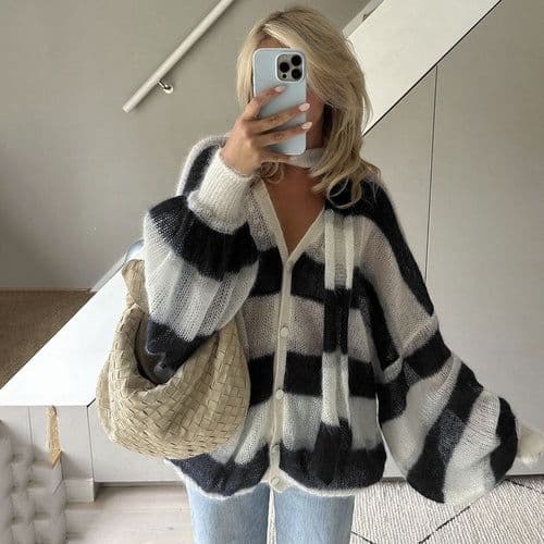 image-Loose And Idle Striped Sweater Cardigan With Scarf
