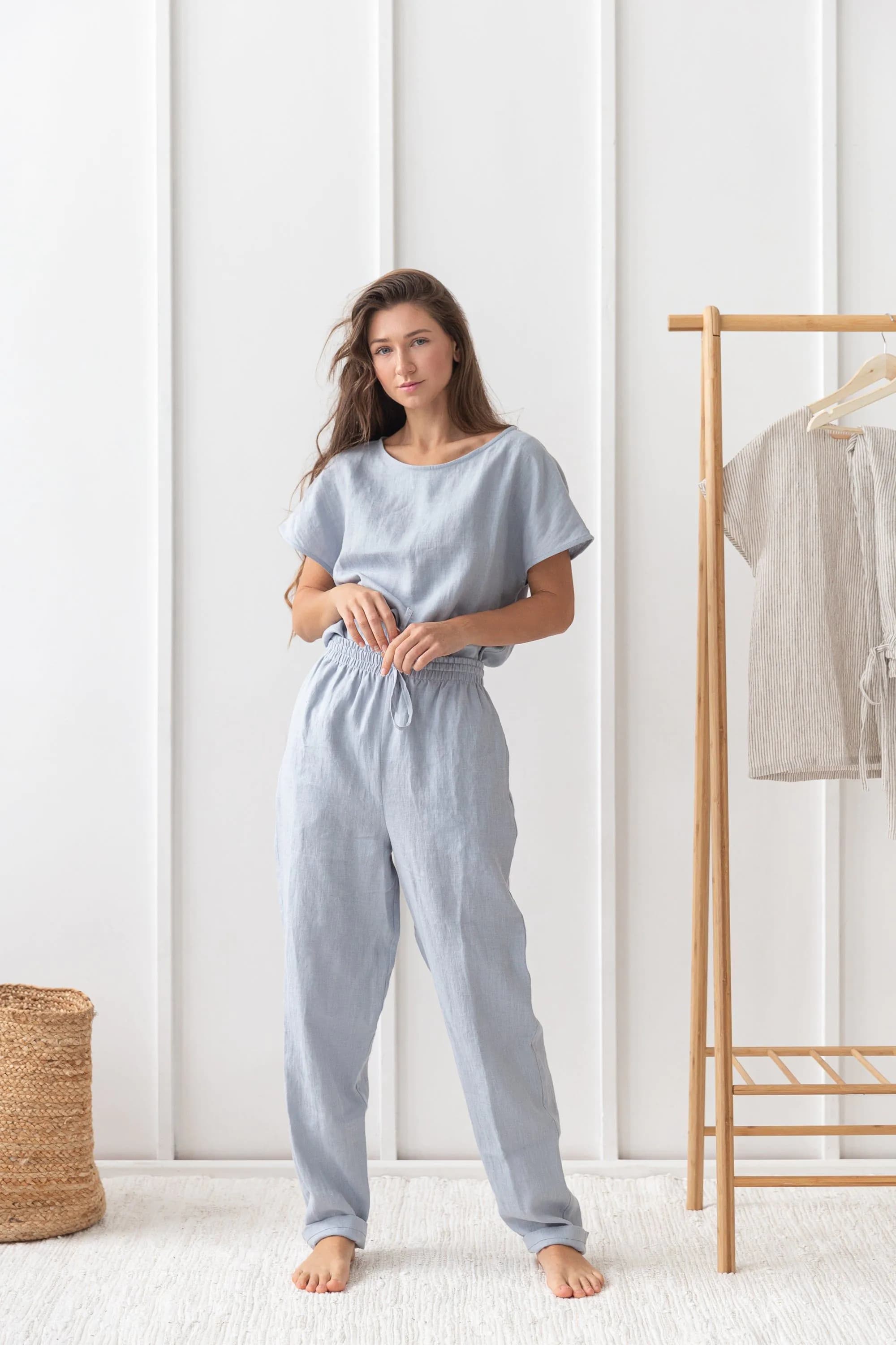 image-Ice Blue linen / Natural Linen Pajama set / Linen loungewear / Linen