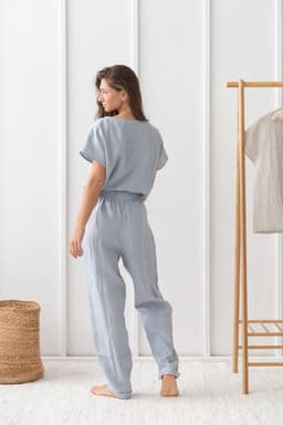 image-Ice Blue linen / Natural Linen Pajama set / Linen loungewear / Linen