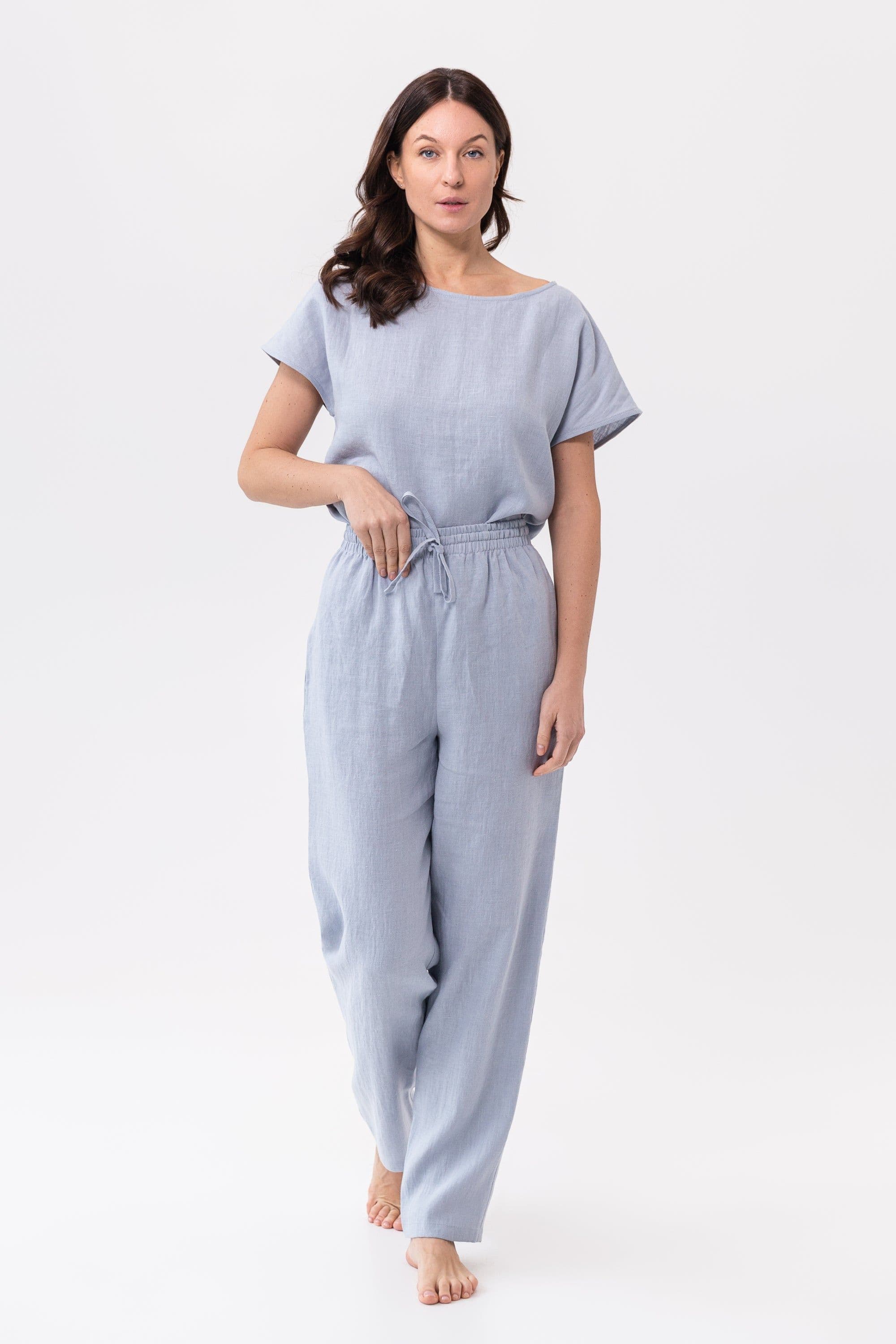 image-Ice Blue linen / Natural Linen Pajama set / Linen loungewear / Linen